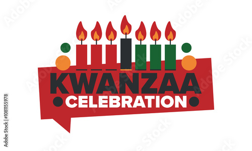 Kwanzaa Happy Celebration. African and African-American culture holiday. Seven days festival, celebrate annual from December 26 to January 1. Black history. Poster, card, banner and background. Vector