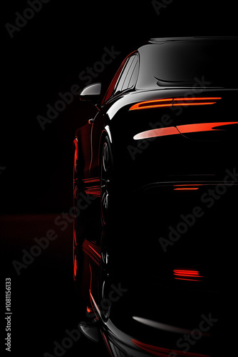 Close-up of a sleek black car with illuminated red taillights, highlighting modern design and luxury in a dark setting