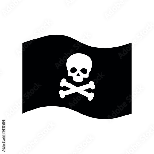Black Pirate Flag with Skull and Crossbones - Jolly Roger Vector Icon