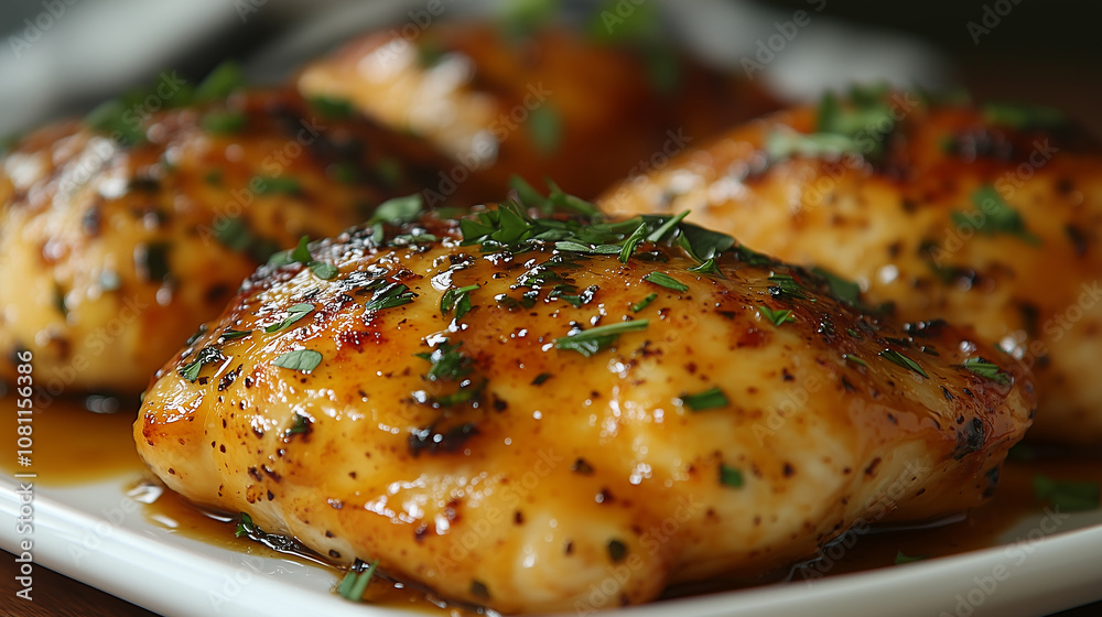 Delicious honey mustard baked chicken served on a white plate Delicious honey mustard baked chicken served on a white plate