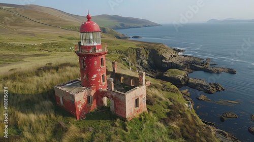 An aerial view of a remote lighthouse on a rocky coast. The lighthouse is surrounded by a green field and the sea is in the background. photo