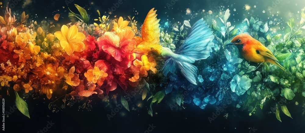 Fototapeta premium Colorful abstract bird with flowers and leaves.