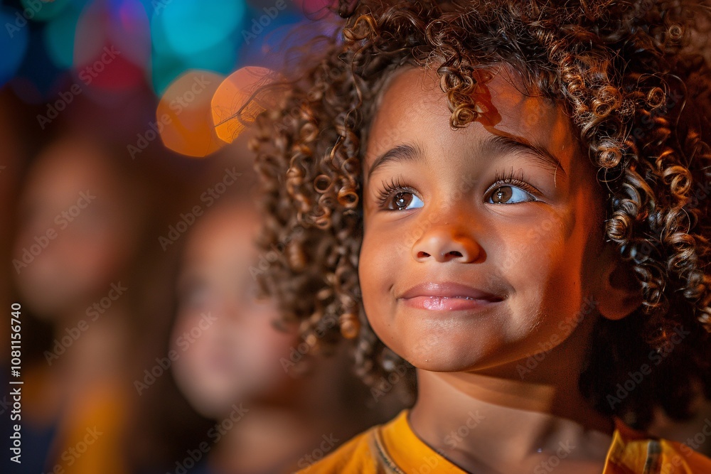 A young child with curly hair beams with happiness, captivated by colorful lights at a festive gathering in the evening. The cheerful atmosphere radiates warmth and joy A young child with curly hair beams with happiness, captivated by colorful lights at a festive gathering in the evening. The cheerful atmosphere radiates warmth and joy
