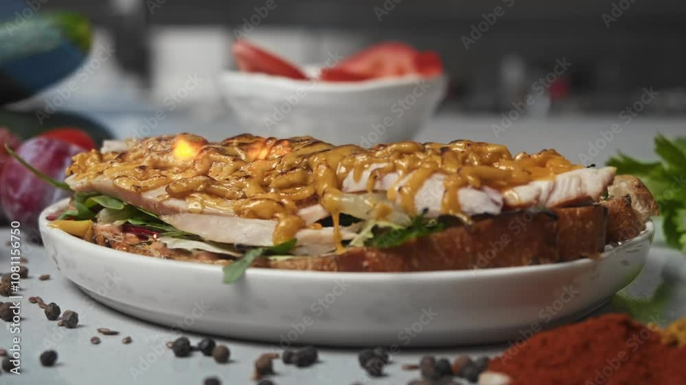 Bright and intense flame of a gas stove melts the grated cheese placed on a slice of toast. cook prepares a sandwich consisting of chicken, salad and cheese. Close up. Slow motion Bright and intense flame of a gas stove melts the grated cheese placed on a slice of toast. cook prepares a sandwich consisting of chicken, salad and cheese. Close up. Slow motion
