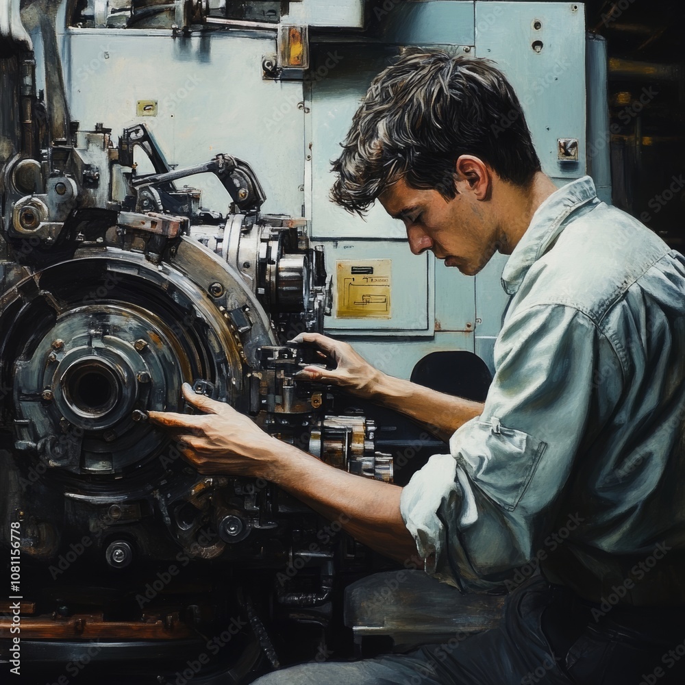 Young Adult Working with a Large Machine, Industrial Labor Concept Generative AI Young Adult Working with a Large Machine, Industrial Labor Concept Generative AI