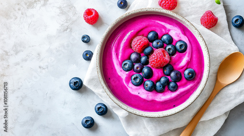 Wallpaper Mural Minimalist Pitaya Smoothie Bowl with Raspberries, Blueberries, Wooden Spoon, Rustic Elegance on Linen Napkin Torontodigital.ca