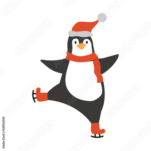 An illustration of a cute penguin wearing a red hat and scarf ice skating. Adorable Christmas animal.