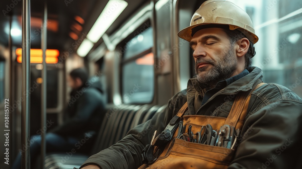 Exhausted construction worker resting on subway train wearing work gear with tools in apron pocket, depicting urban commute and daily labor challenges Exhausted construction worker resting on subway train wearing work gear with tools in apron pocket, depicting urban commute and daily labor challenges