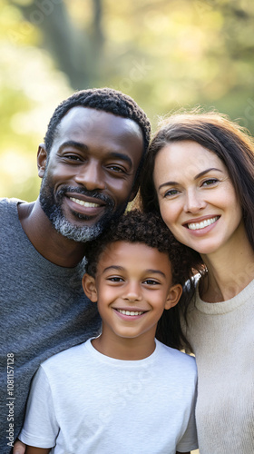 Multi-ethnic family happily bonding in a park, surrounded by nature. This heartwarming image captures unity and joy in a diverse setting