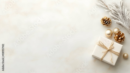 Elegant Christmas Gift Flat Lay with Gold Ornaments and Pine Cones, present, winter, holiday, festive, decoration