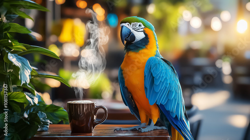 Vibrant macaw perched beside a steaming coffee cup in an outdoor cafe, perfect for wall art, decor, or advertisement highlighting relaxation and nature. photo