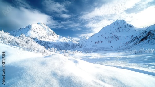 Frozen mountainous landscape. Snow-covered mountain peaks, vast snowy landscape, dramatic cloudy sky, icy terrain, blue-tinted winter scene, majestic alpine vista, crisp white snow and rugged mountain