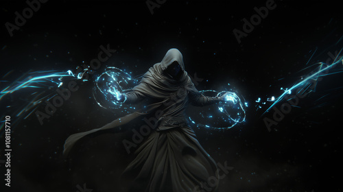 A mysterious figure in a dark cloak, wielding telekinetic powers to lift weapons and create force fields, fighting game character, concept art, illustration photo