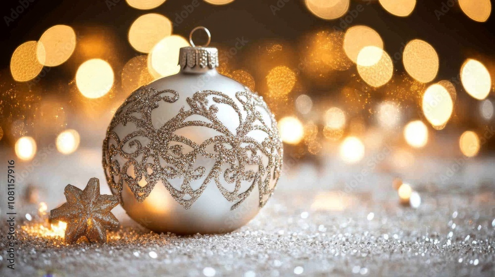 Silver Christmas Ornament with Glittery Pattern Against a Background of Golden Bokeh Lights Silver Christmas Ornament with Glittery Pattern Against a Background of Golden Bokeh Lights