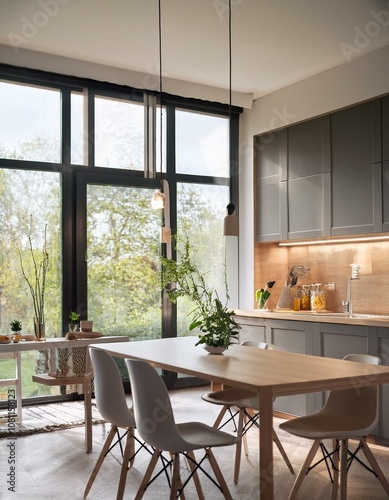 Stylish home kitchen interior with dining table  cabinet and panoramic window - Feel good
