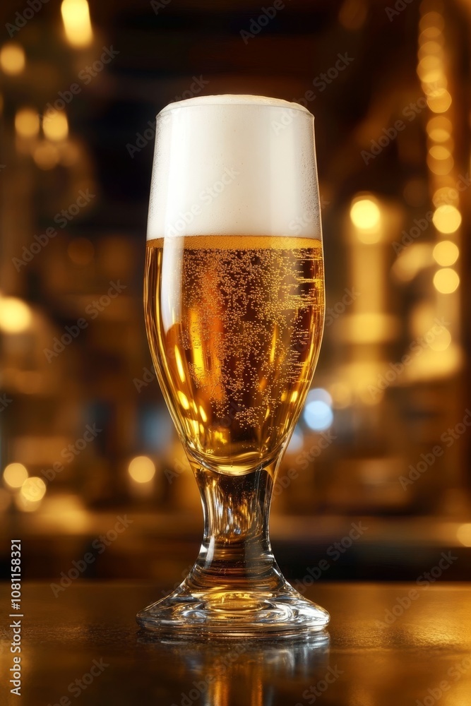 Chilled Glass of Golden Beer on Bar, Refreshing Brew in a Pub Atmosphere with Warm Lighting Chilled Glass of Golden Beer on Bar, Refreshing Brew in a Pub Atmosphere with Warm Lighting