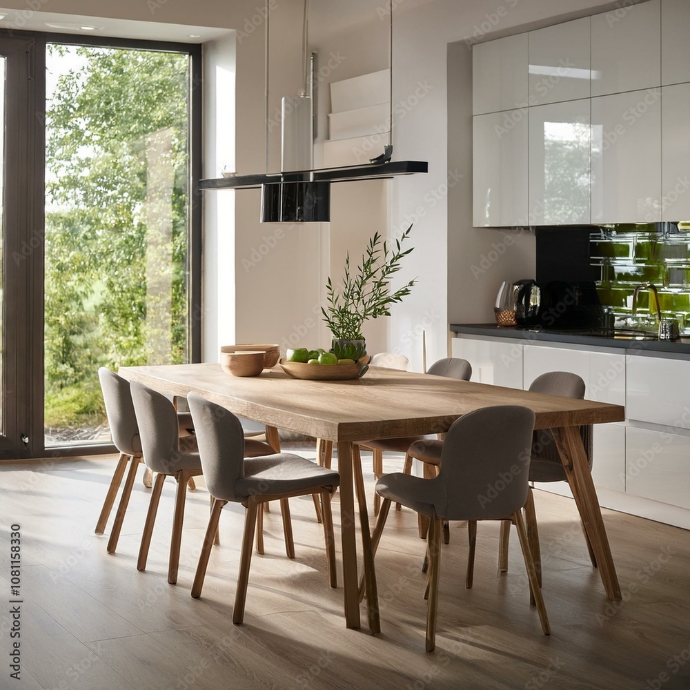 Stylish home kitchen interior with dining table, cabinet and panoramic window - Feel good Stylish home kitchen interior with dining table, cabinet and panoramic window - Feel good