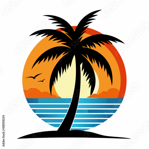 Coconut tree vector silhouette with see and sun set on white background