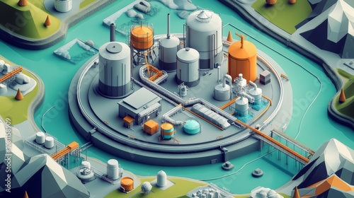 Industrial Facility between River and Mountain, Isometric Aerial View, Energy Filled Illustration Generative AI photo