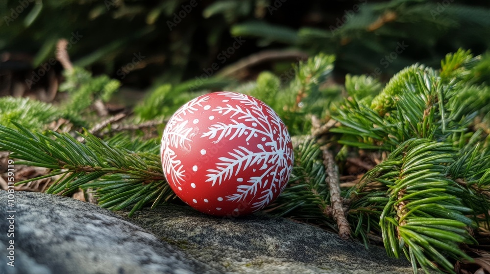 Red Easter Egg with White Snowflake Design Resting on a Rock Surrounded by Evergreen Branches Red Easter Egg with White Snowflake Design Resting on a Rock Surrounded by Evergreen Branches