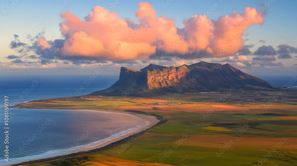 Dramatic Coastal Landscape with Pink Clouds at Sunset, ocean, beach, mountains, cliffs, dramatic sky Dramatic Coastal Landscape with Pink Clouds at Sunset, ocean, beach, mountains, cliffs, dramatic sky