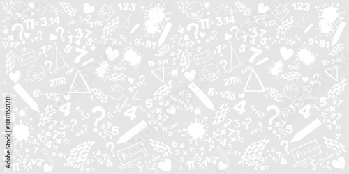 Mathematics concepts background. Concept of education. School  seamless pattern with math formulas, calculations and figures. Algebra, geometry, statistics, basic maths. Vector Illustration
