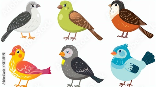 A set of six colorful cartoon birds. The birds are all different colors and have different markings.