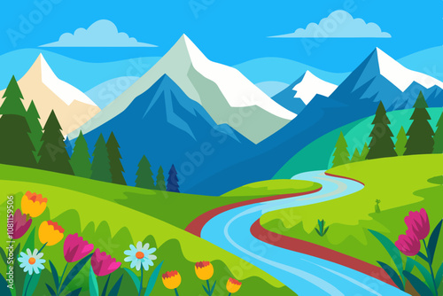 A serene meadow amidst high, snow-capped mountains vector illustration