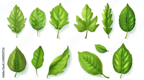 A collection of ten realistic vector leaves. The leaves are of different shapes and sizes, and they are all rendered in a realistic style.