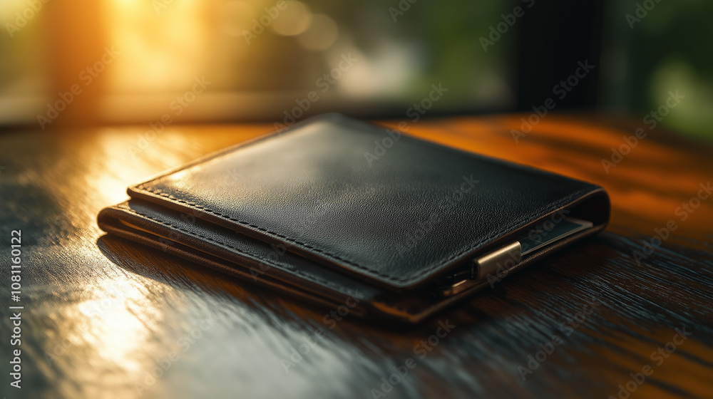 dark brown leather wallet lies on a wooden table dark brown leather wallet lies on a wooden table