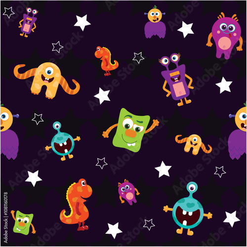 Vector Colorful Monster Pattern on Starry Background  with stars and various colorful, friendly monsters, including an orange one-eyed monster, a small red dinosaur, and ot