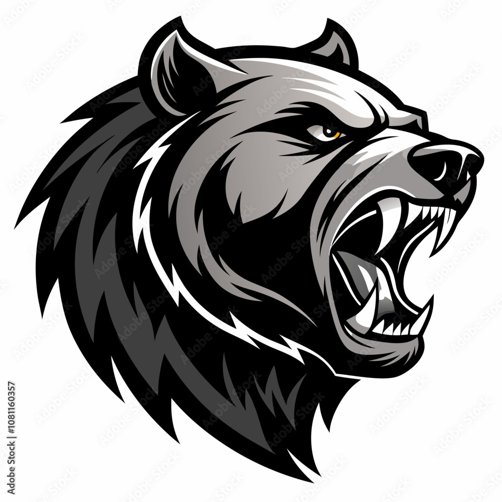 Fototapeta premium Aggressive bear head vector silhouette on white background