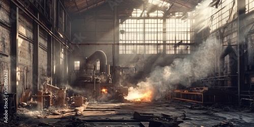 Industrial Revolution Era Factory Interior with Steam Power and Heavy Machinery Generative AI photo