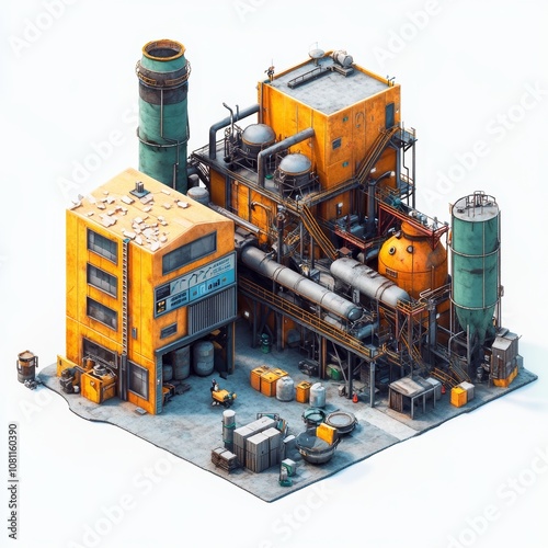 Isometric Illustration of a Gaming Asset Plastic Recycling Plant, Highly Textured Octane Rendered Generative AI photo