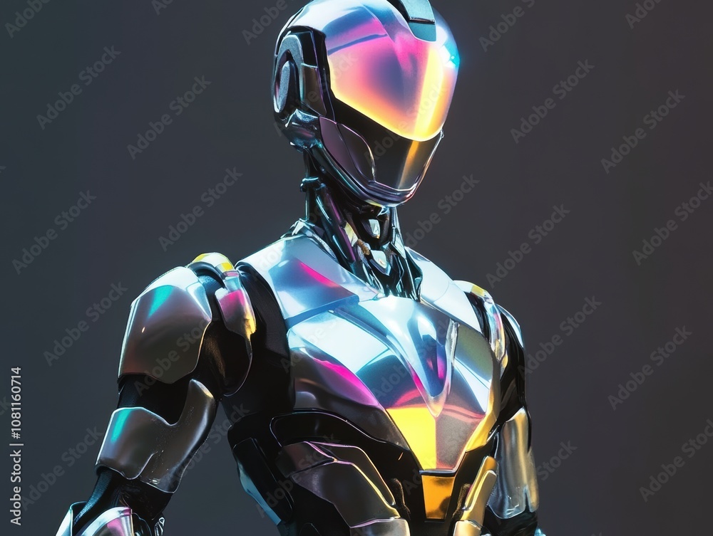 A futuristic robot in a chrome and silver suit with a holographic visor. A futuristic robot in a chrome and silver suit with a holographic visor.
