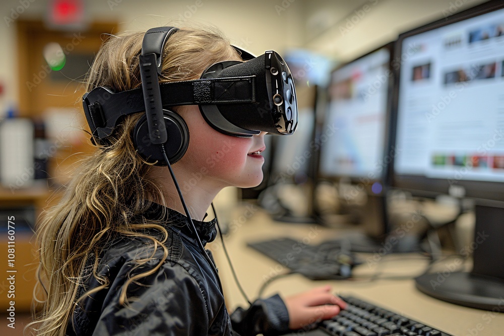 A young girl with long hair wears a virtual reality headset and headphones, engaged with a computer station. She is fully immersed in a digital world, showcasing the blend of technology and learning A young girl with long hair wears a virtual reality headset and headphones, engaged with a computer station. She is fully immersed in a digital world, showcasing the blend of technology and learning