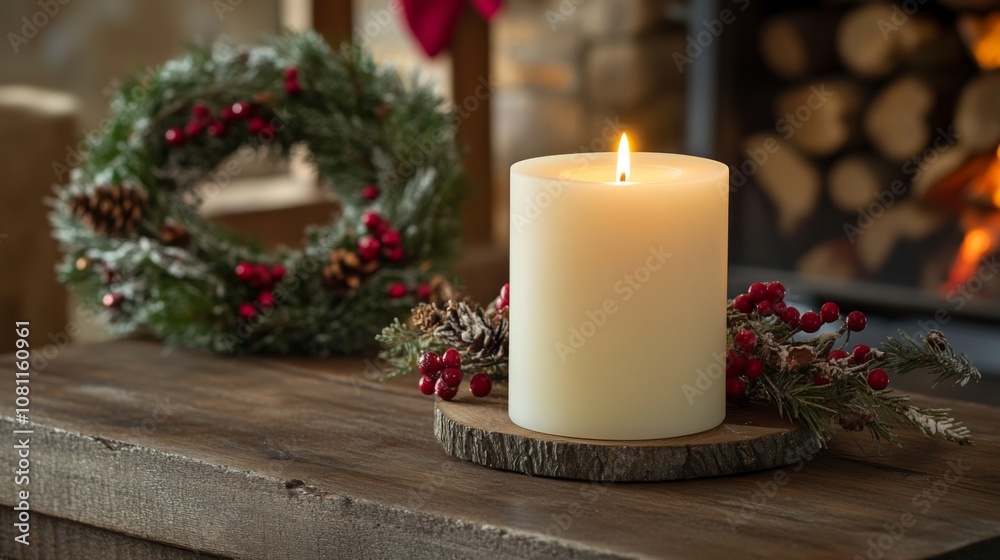 Lit Candle with Pine Sprigs and Berries on a Rustic Wood Table Lit Candle with Pine Sprigs and Berries on a Rustic Wood Table