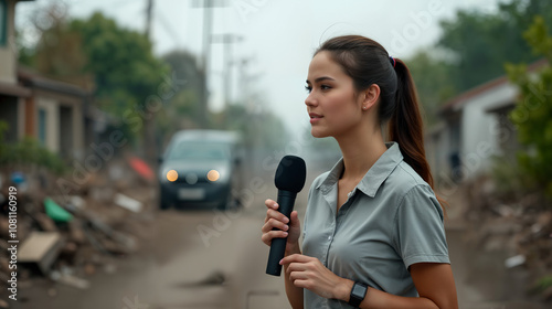 A Daring TV Reporter Reporting Live from a Natural Disaster Scene, Highlighting Resilience and Community Support