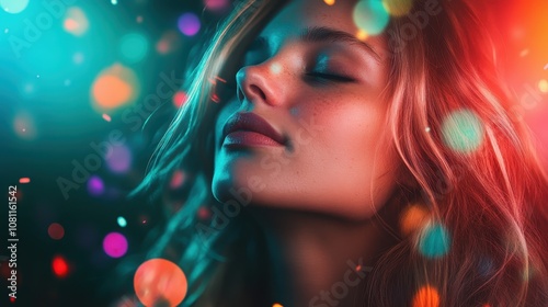 A serene woman enjoys colorful bokeh lights, creating a dreamy and peaceful ambiance, evoking feelings of relaxation and contentment in vibrant hues.