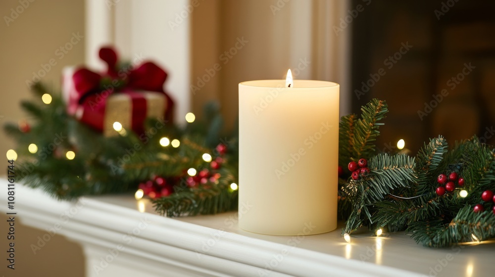A Lit Candle Adorned With Evergreen Garland and Lights A Lit Candle Adorned With Evergreen Garland and Lights