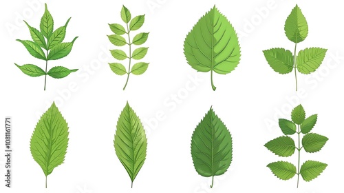 A set of eight vector illustrations of green leaves. The leaves are of different shapes and sizes, and they are all rendered in a realistic style.