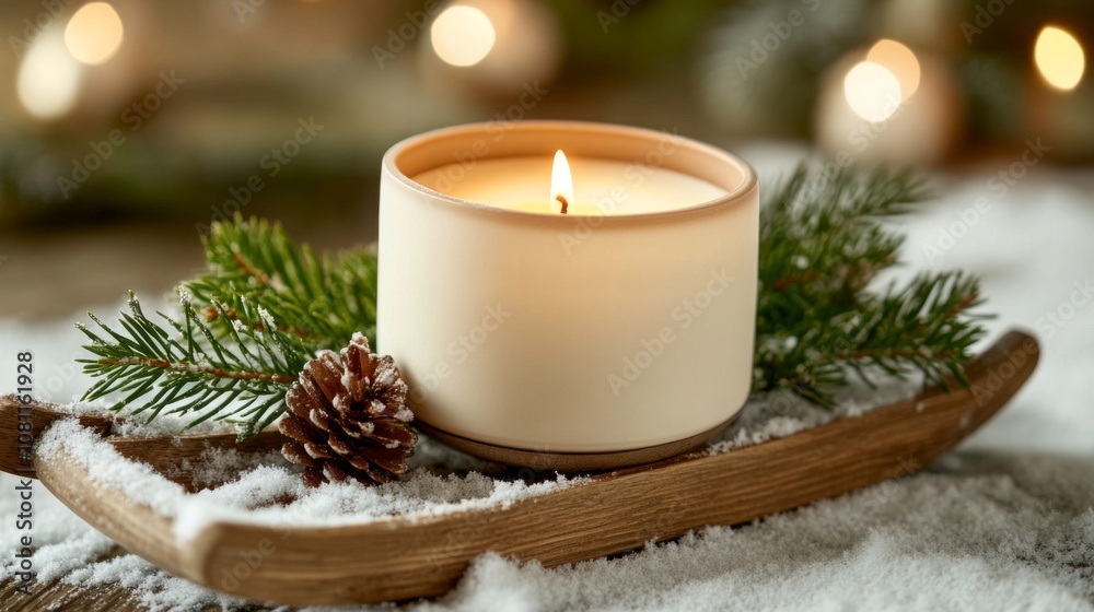A Burning Candle on a Wooden Tray Decorated with Pine Branches and Pine Cones in Snow A Burning Candle on a Wooden Tray Decorated with Pine Branches and Pine Cones in Snow