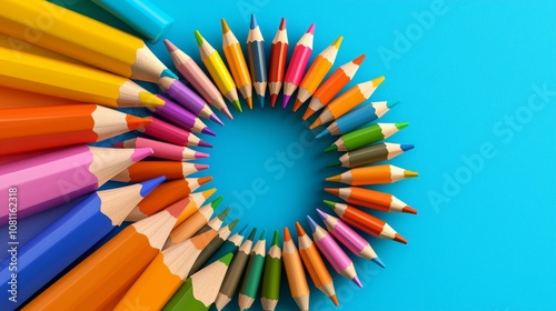 Dynamic Spiral Arrangement of Colorful Pencils on a Bright Blue Background Creating a Vivid and Engaging Visual Experience for Creative Projects