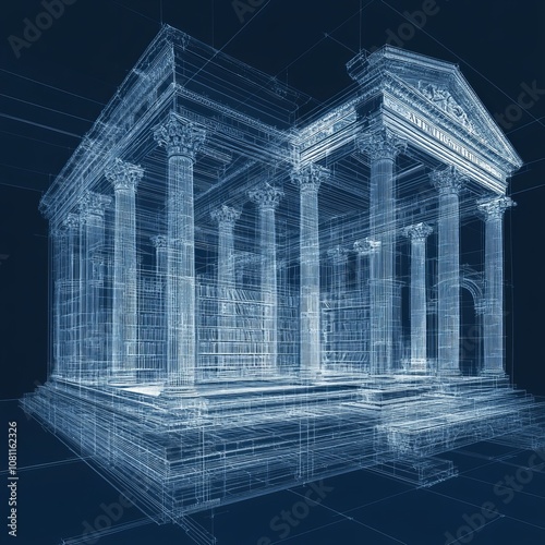 Architectural Wireframe of Classical Building Structure


