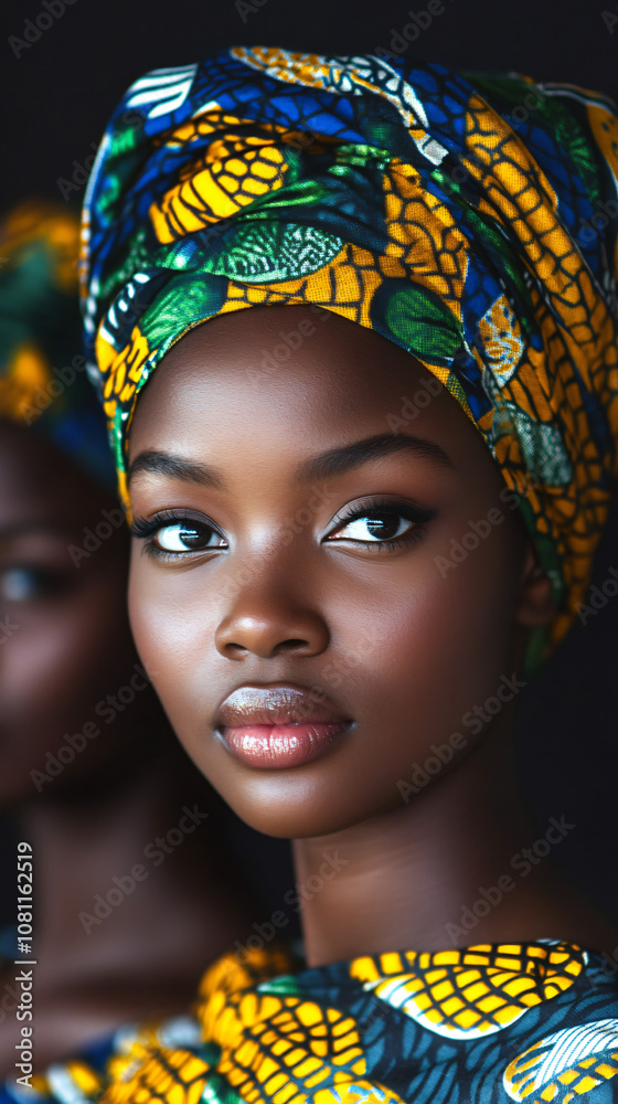 Fototapeta premium Studio portrait of a young black woman with a colorful african headscarf and traditional clothing, showcasing african beauty and fashion