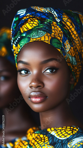 Studio portrait of a young black woman with a colorful african headscarf and traditional clothing, showcasing african beauty and fashion