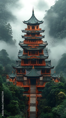 Foggy mountain landscape with an ancient temple creating a mystical scene picture