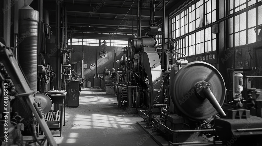 Old Gum Factory Machinery in Black and White Generative AI Old Gum Factory Machinery in Black and White Generative AI