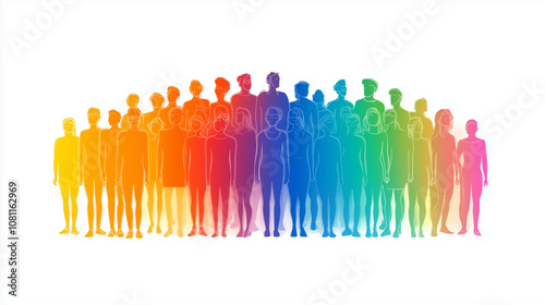 A large group dressed in the colors of the rainbow, symbolizing unity, diversity, and acceptance, on white background, flat design