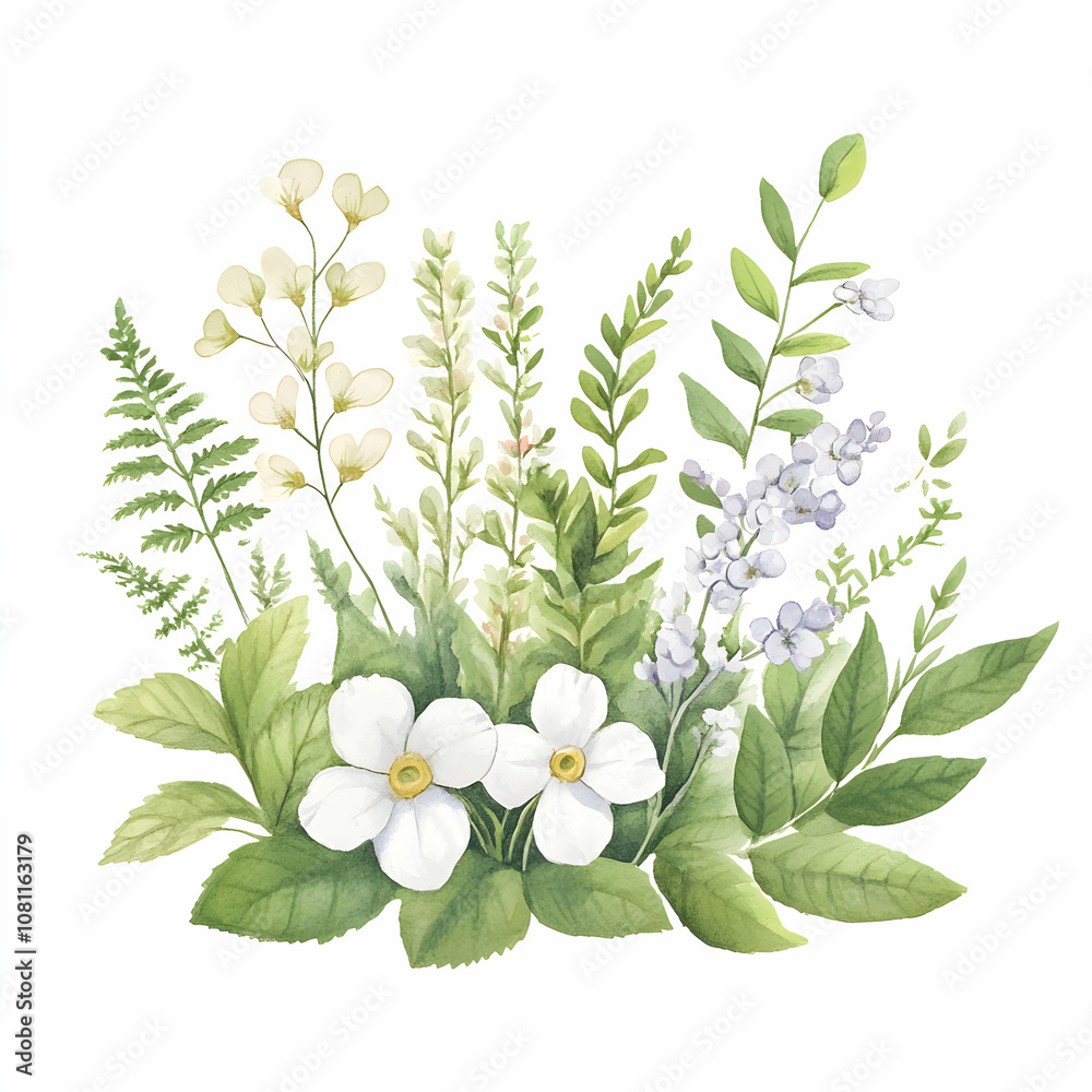 Naklejka premium Watercolor Floral Arrangement with White and Purple Flowers and Greenery, white flowers, leaves, botanical, illustration, painting
